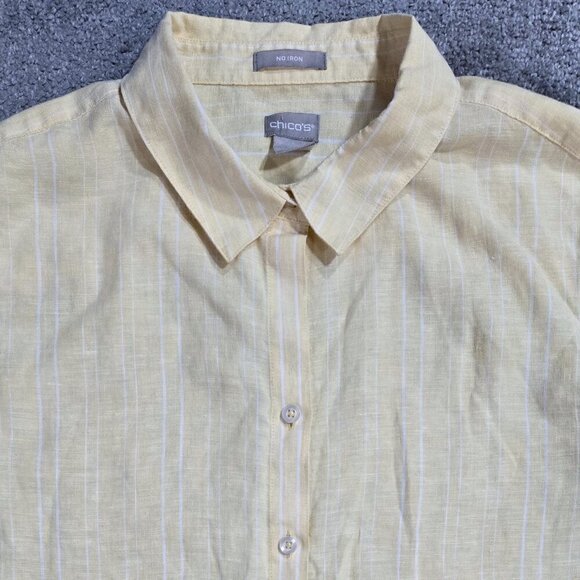 Chico's 100% Linen No Iron Yellow White Double Stripe Roll Tab Sleeve Shirt - Picture 4 of 10